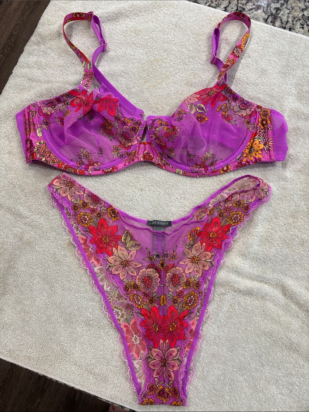 Savage X Fenty Purple Floral Sheer Embroidered Bra & Panty Set